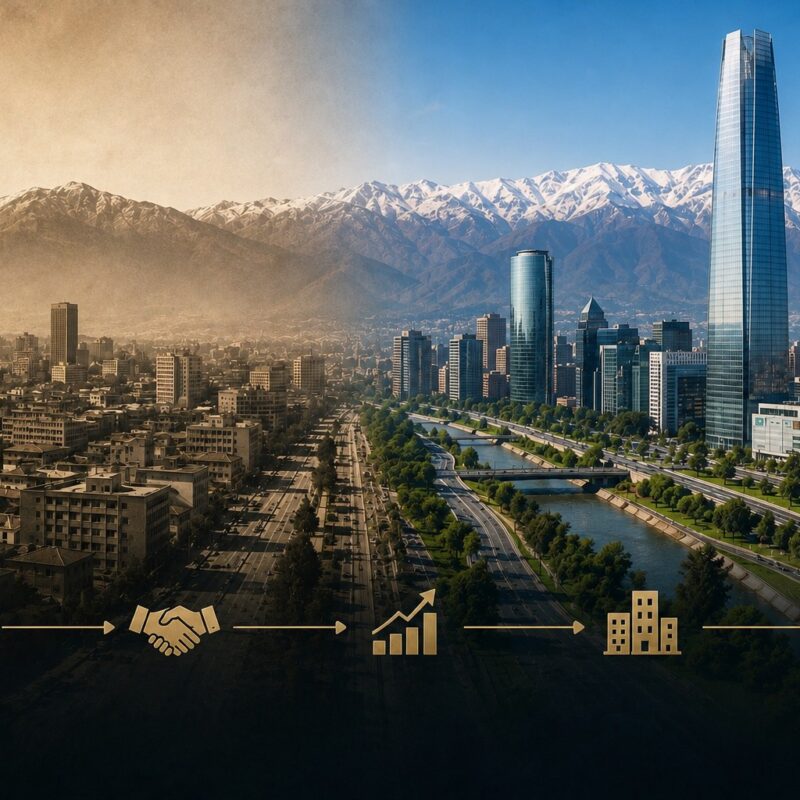 Evolución de Santiago desde la década de 1980 hasta la actualidad como representación de estabilidad, inversión y desarrollo de largo plazo en Chile.