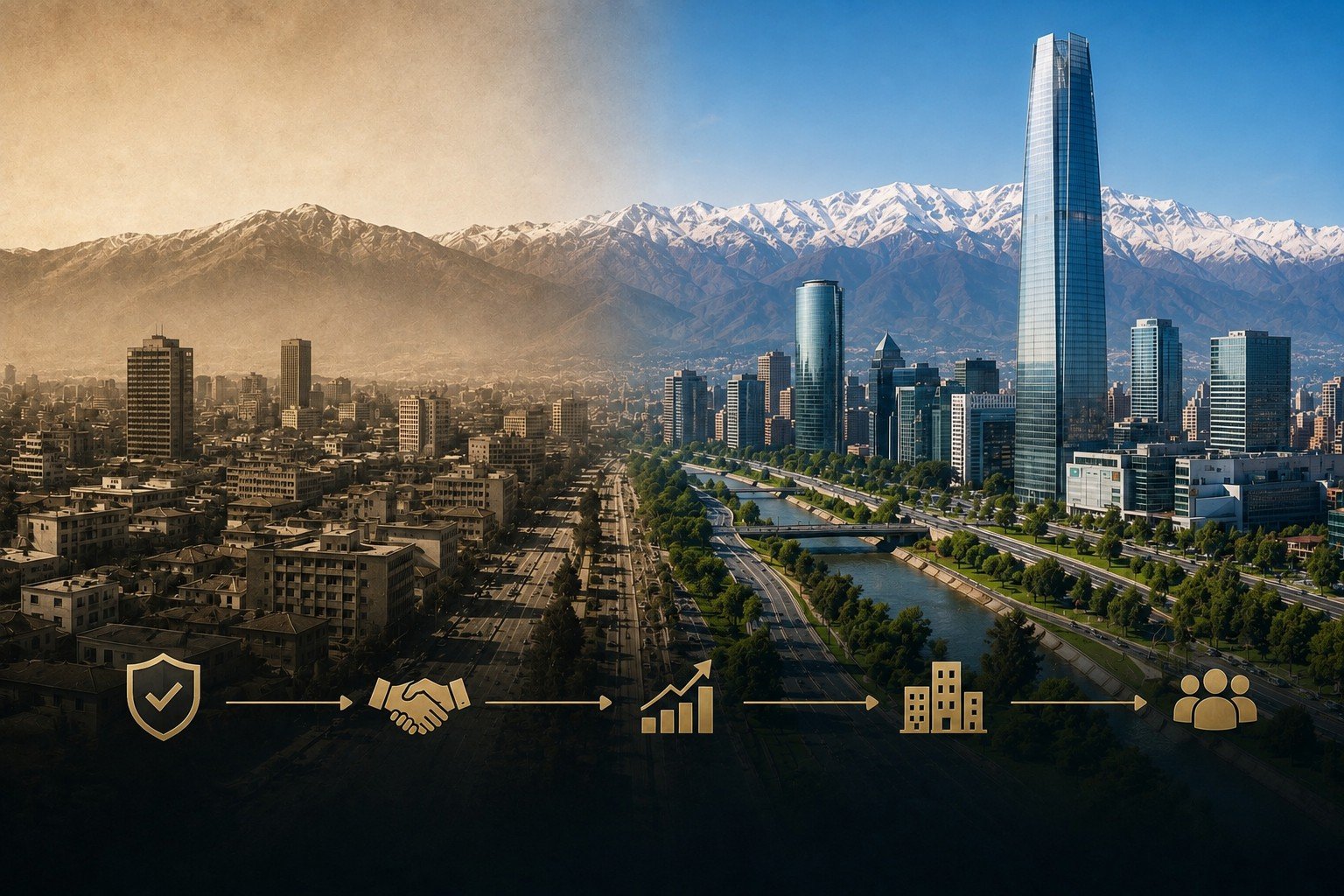 Evolución de Santiago desde la década de 1980 hasta la actualidad como representación de estabilidad, inversión y desarrollo de largo plazo en Chile.