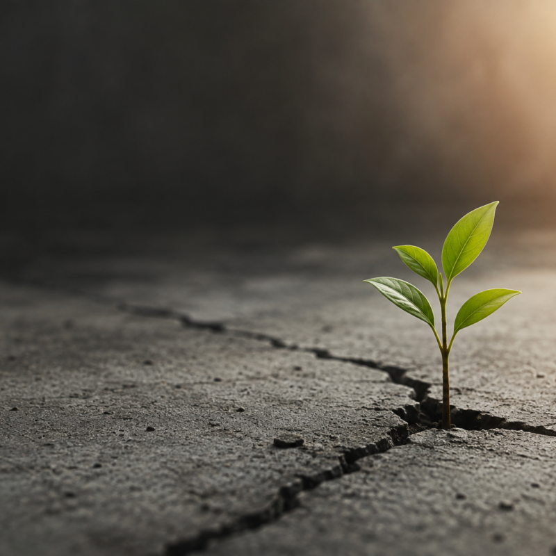 Una pequeña planta creciendo entre grietas en un entorno hostil, como símbolo de la resiliencia y estabilidad de las pymes frente a la incertidumbre.