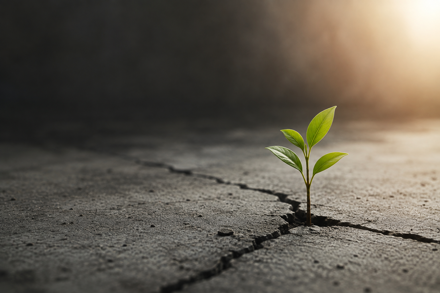 Una pequeña planta creciendo entre grietas en un entorno hostil, como símbolo de la resiliencia y estabilidad de las pymes frente a la incertidumbre.